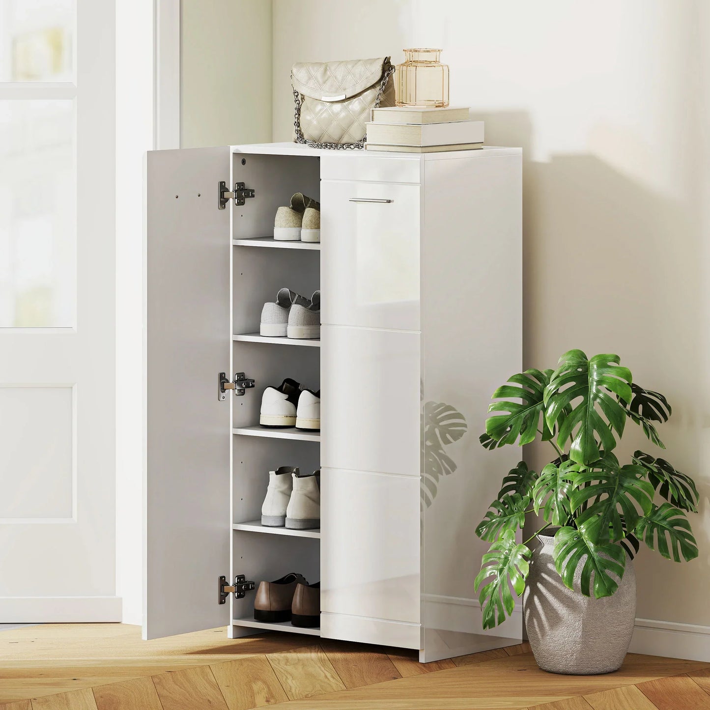 HOMCOM Schuhschrank, 2-türig, 5 Ablagen, verstellbare Einlegeböden, fasst 10 Paar, Hochglanzweiß, 55 x 36 x 108 cm