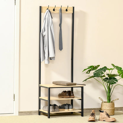 HOMCOM Garderobenständer mit Bank und Metall Schuhregal mit 3 Regalen und 4 Haken zum Aufhängen von Kleidung für Flur/Diele 60x40x175 cm Schwarz und Natur