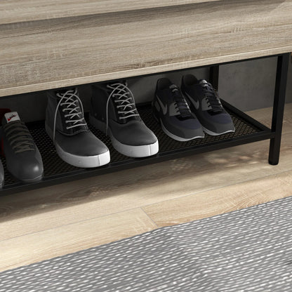 HOMCOM Schuhbank mit Klappdeckel und verstecktem Fach sowie unterer Gitterablage für 4 Paar Schuhe für Flur und Wohnzimmer 84x39,5x61 cm Eiche