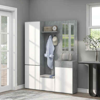 HOMCOM 4-in-1 Garderobenständer mit Spiegel, Haken und verstellbaren Innenregalen, Multitasking Holz-Garderobenmöbel mit Schublade, 145x29x184 cm, Grau und Weiß