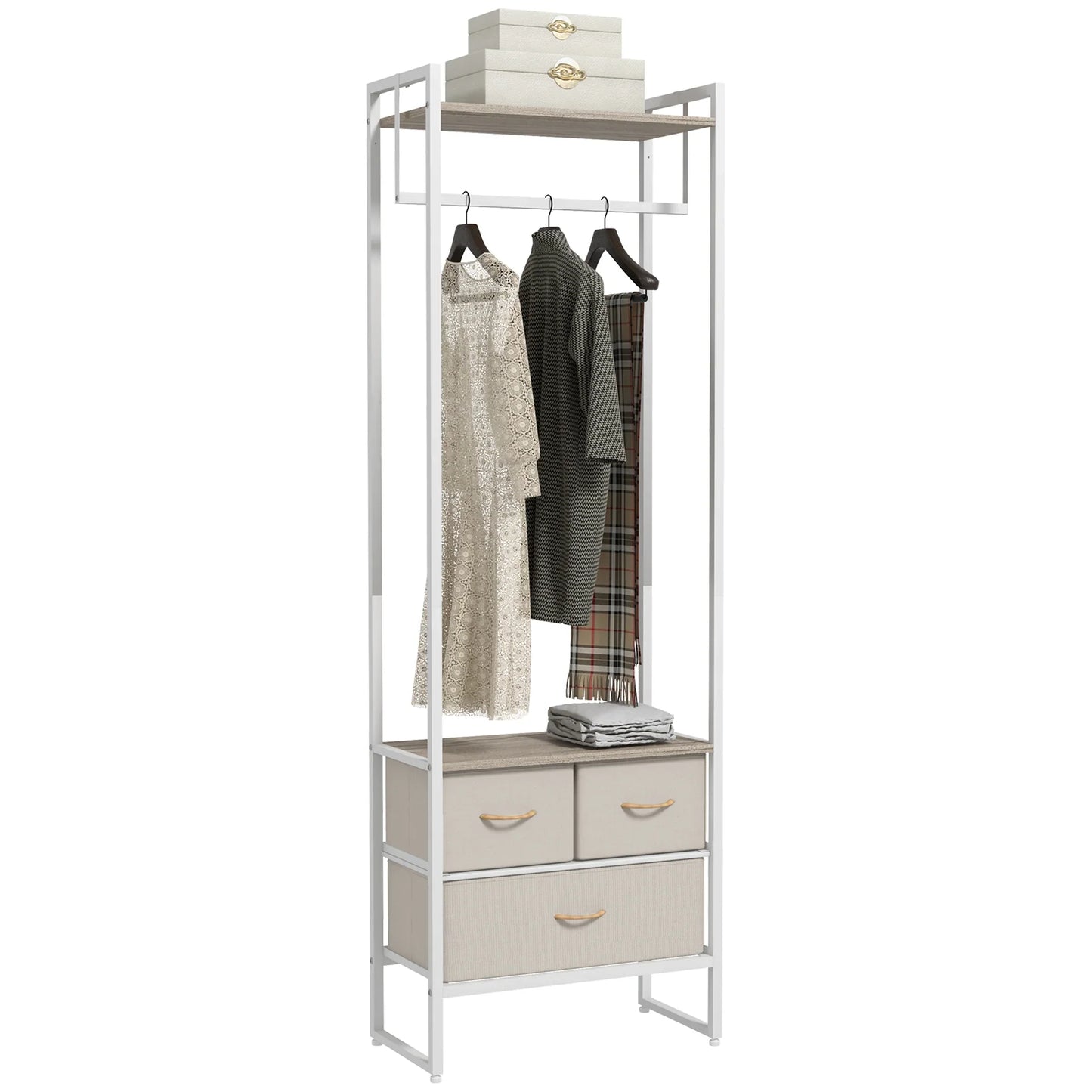 HOMCOM Garderobenständer für Flur mit 3 Stoffschubladen, Kleiderstange und Ablage für Flur, Schlafzimmer, Wohnzimmer 58,5x30x178 cm Natur