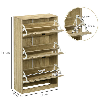 HOMCOM Schuhschrank mit 3 Klappen, für 18 Paar, 3-Fächer Schuhschrank, große Kapazität für Eingangsbereich, Flur, Wohnzimmer, 63 x 24 x 117 cm, Eiche