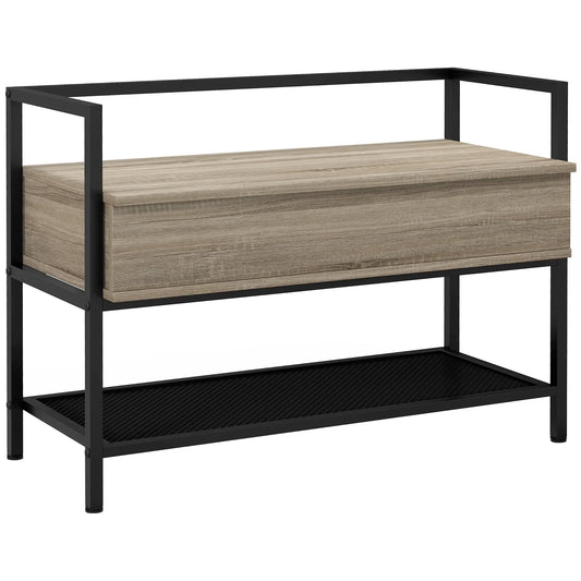 HOMCOM Schuhbank mit Klappdeckel und verstecktem Fach sowie unterer Gitterablage für 4 Paar Schuhe für Flur und Wohnzimmer 84x39,5x61 cm Eiche