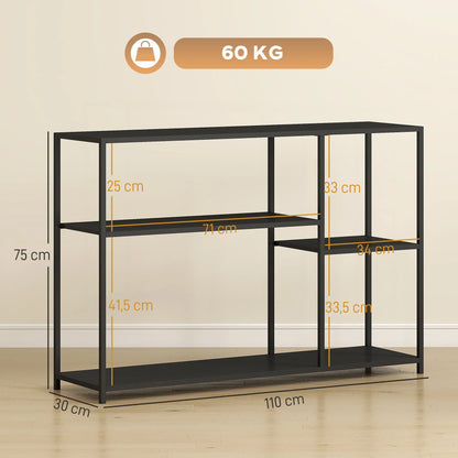 HOMCOM Konsolentisch Flurtisch mit 4 Regalen, Seitentisch mit Stahlrahmen, Metallregal für kleine Räume, Eingangsbereich, Flur, Wohnzimmer, 110 x 30 x 75 cm Schwarz