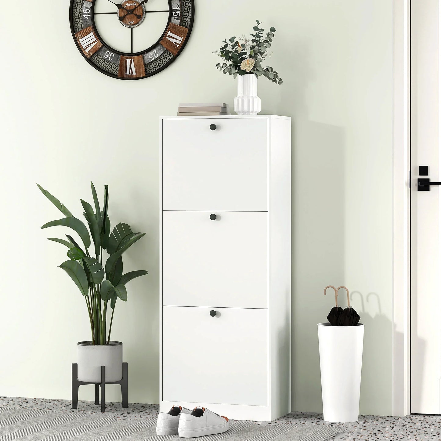 HOMCOM Schuhschrank mit 3 Klappen, Schuhregal mit verstellbarem Fach, schmaler Schuhschrank für 12 Paar Schuhe 47 x 26 x 120 cm, Weiß