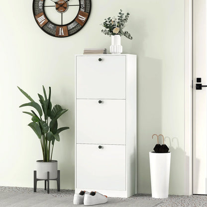 HOMCOM Schuhschrank mit 3 Klappen, Schuhregal mit verstellbarem Fach, schmaler Schuhschrank für 12 Paar Schuhe 47 x 26 x 120 cm, Weiß