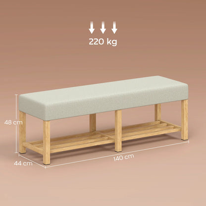 HOMCOM Schuhbank — Moderner Flurbank mit gepolstertem Sitz für 2, offene Schuhablage, Gummibaumholz, für Flur, Diele, Wohnzimmer, 140 x 44 x 48 cm, Creme & Naturholz