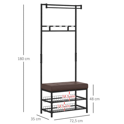 HOMCOM Kleiderständer mit 5 Haken und Schuhbank mit 2 Ebenen, Metallkleiderständer für Flur, Schlafzimmer, 72,5 x 35 x 180 cm