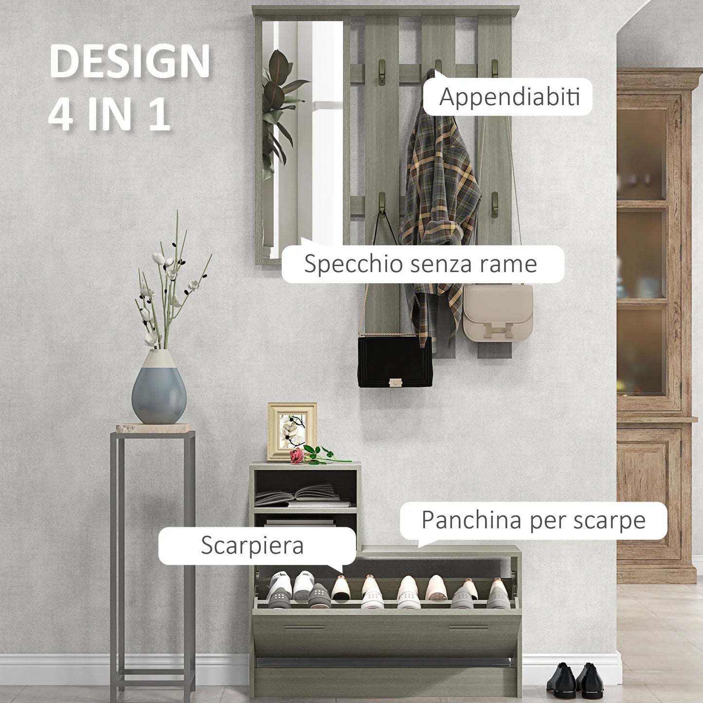 HOMCOM 4-in-1 Flurmöbel Set mit Garderobe, Spiegel, Sitzbank mit Regal und Schuhregal für 8 Paar Schuhe, Grau