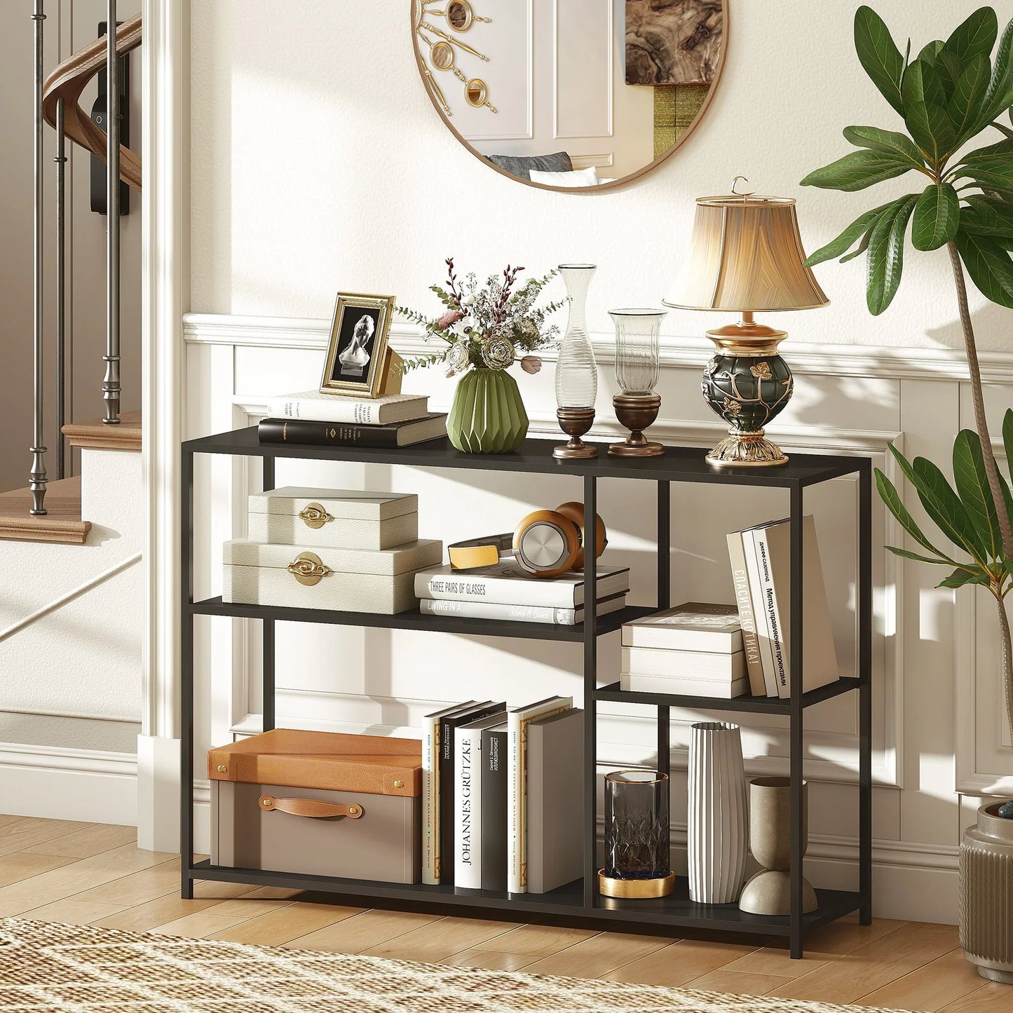 HOMCOM Konsolentisch Flurtisch mit 4 Regalen, Seitentisch mit Stahlrahmen, Metallregal für kleine Räume, Eingangsbereich, Flur, Wohnzimmer, 110 x 30 x 75 cm Schwarz