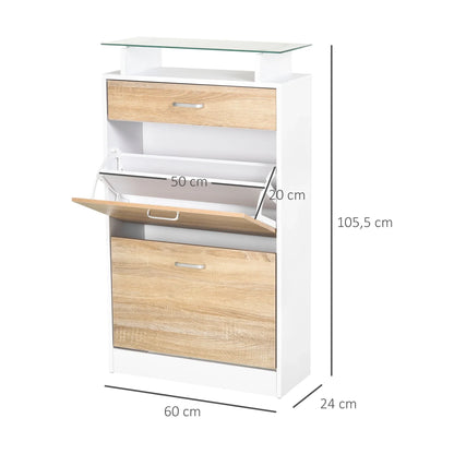 HOMCOM Schuhschrank mit 3 Schubladen, Glasregal und Aluminiumgriff für Flur, 50 kg Belastbarkeit, 60x24x105,5 cm - Natur