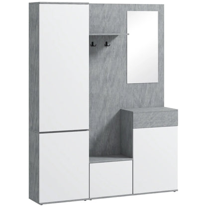 HOMCOM 4-in-1 Garderobenständer mit Spiegel, Haken und verstellbaren Innenregalen, Multitasking Holz-Garderobenmöbel mit Schublade, 145x29x184 cm, Grau und Weiß