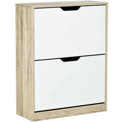 HOMCOM Schuhschrank aus Holz mit 2 Klapptüren und 4 Ablagefächern für 8 Paar Schuhe für Flur, Diele, Schlafzimmer 62,5x26x81 cm Weiß und Natur