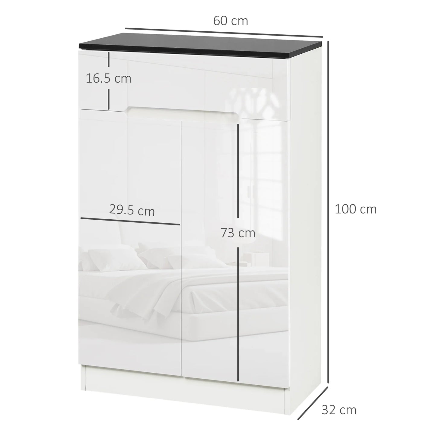 HOMCOM Slim Schuhschrank für bis zu 12 Paare Schuhe für Eingänge und Flure mit 3 verstellbaren Regalen und Schublade aus glänzendem Spanplattenwerkstoff, 60x32x100 cm