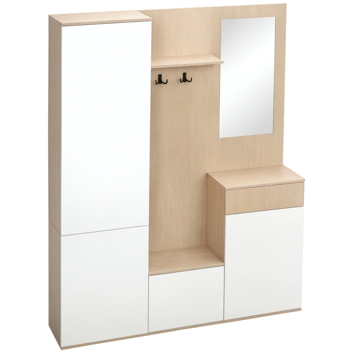 HOMCOM 4-in-1 Garderobenständer mit Spiegel, Haken und verstellbaren Regalen, multifunktionales Möbelstück für den Eingangsbereich aus Holz mit Schublade, 145x29x184 cm, Naturholz und Weiß