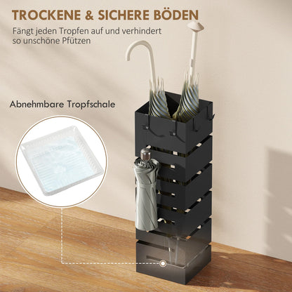 HOMCOM Metall-Schirmständer, quadratisch, mit abnehmbarer Tropfschale & 4 Haken, für Diele, 15,5 x 15,5 x 49 cm, Schwarz