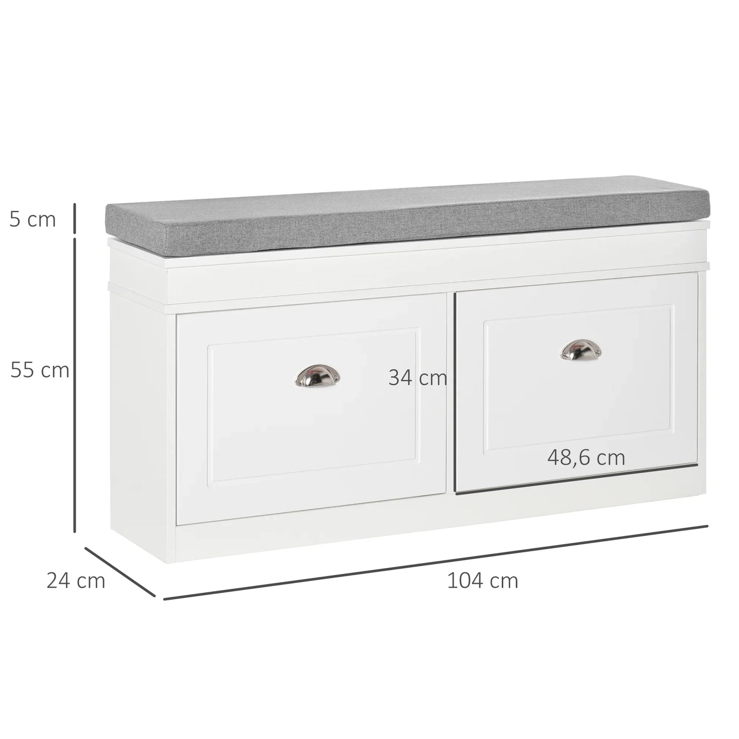 HOMCOM Schuhbank Schuhaufbewahrung für 8 Paare Schuhe mit 2 Schubladen, verstellbaren Regalen und gepolstertem Sitzkissen für Eingangsbereich Flur 104x24x55 cm Weiß
