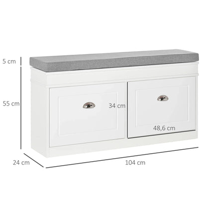 HOMCOM Schuhbank Schuhaufbewahrung für 8 Paare Schuhe mit 2 Schubladen, verstellbaren Regalen und gepolstertem Sitzkissen für Eingangsbereich Flur 104x24x55 cm Weiß