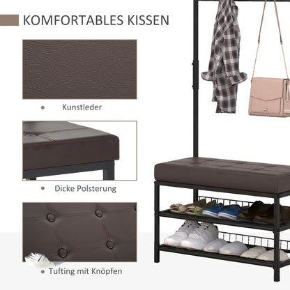 HOMCOM Kleiderständer mit 5 Haken und Schuhbank mit 2 Ebenen, Metallkleiderständer für Flur, Schlafzimmer, 72,5 x 35 x 180 cm