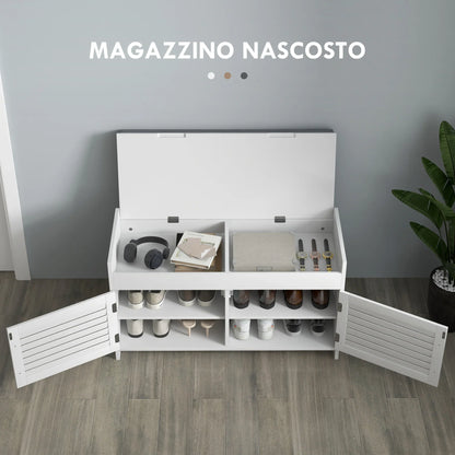 HOMCOM Schuhbank mit verstellbarem Innenregal in 3 Höhen, schlanke Schuhbank aus MDF mit Leinenbezug, 90x36x50 cm, Weiß und Grau
