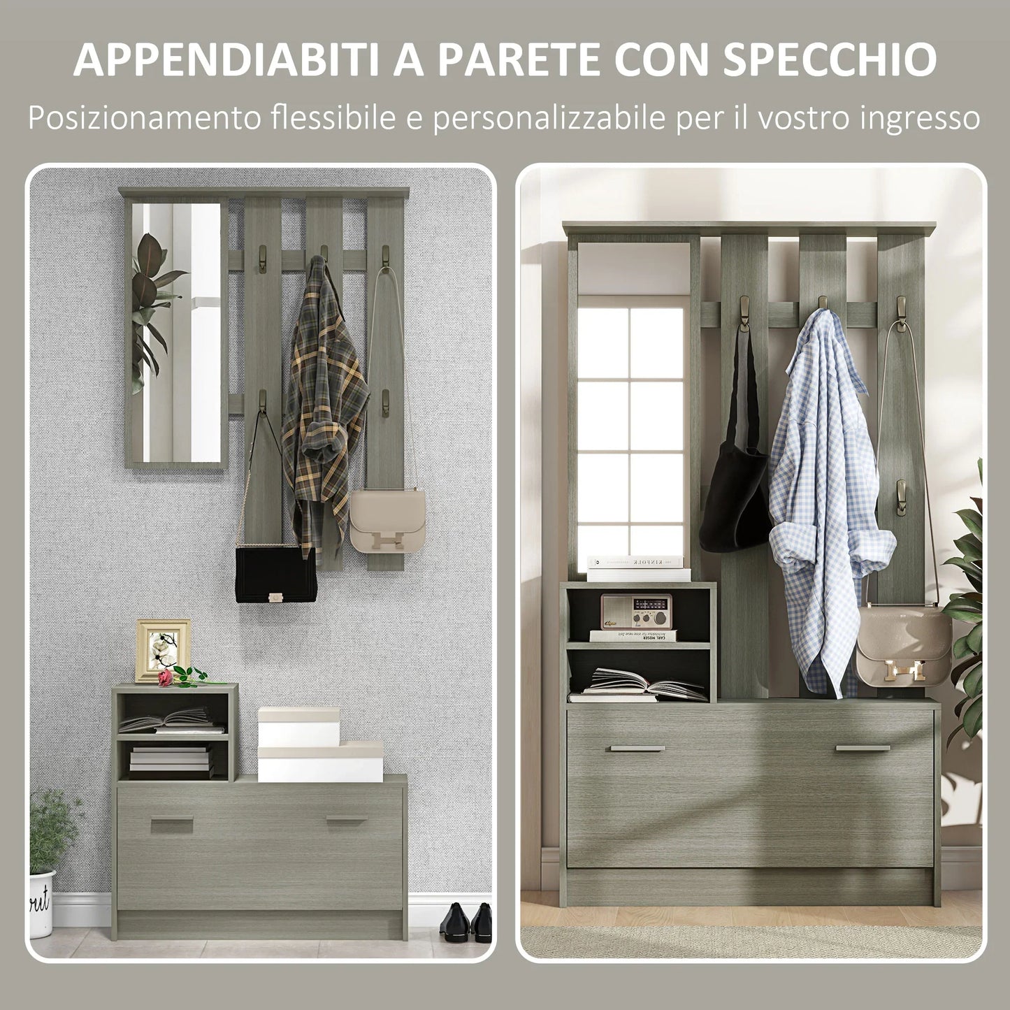 HOMCOM 4-in-1 Flurmöbel Set mit Garderobe, Spiegel, Sitzbank mit Regal und Schuhregal für 8 Paar Schuhe, Grau