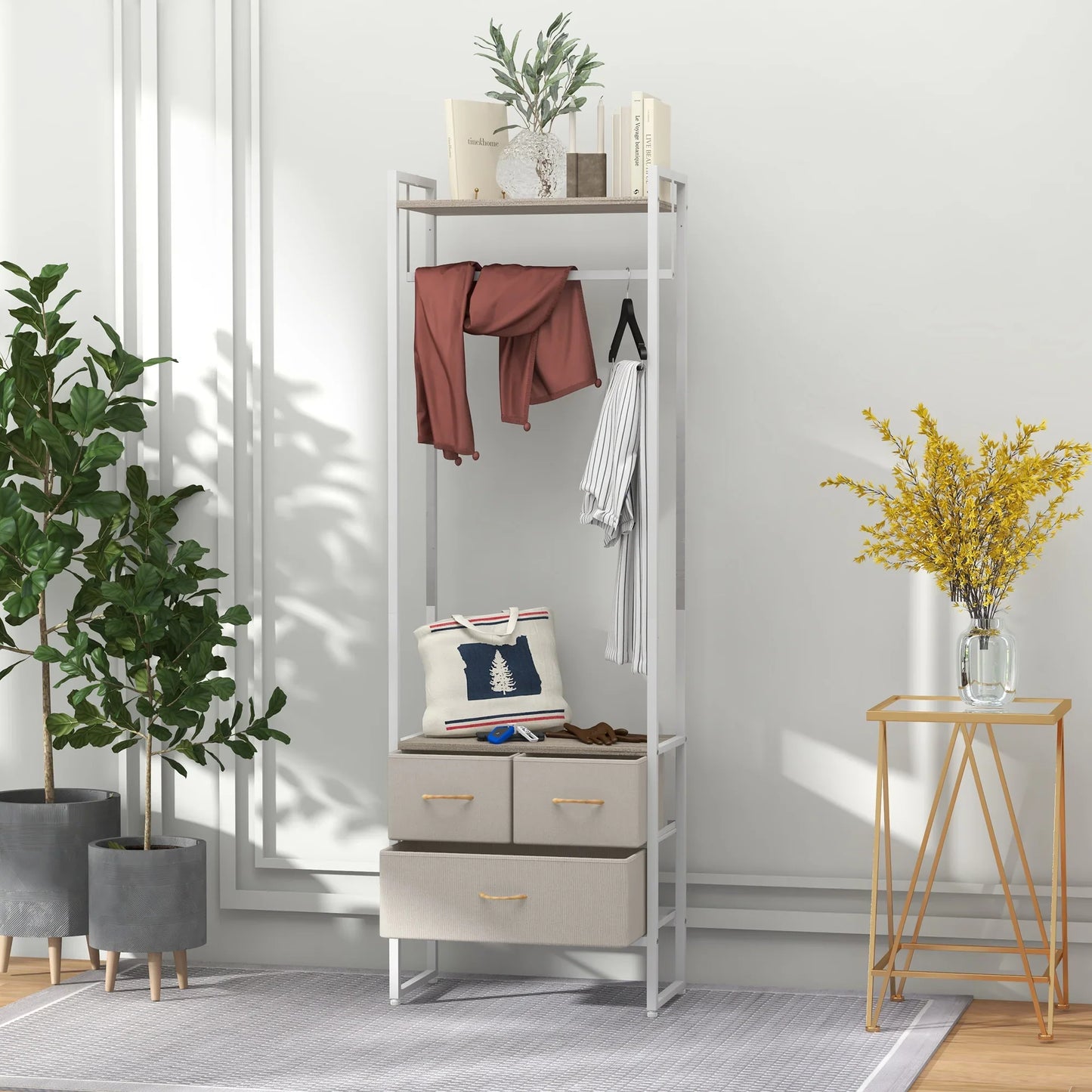 HOMCOM Garderobenständer für Flur mit 3 Stoffschubladen, Kleiderstange und Ablage für Flur, Schlafzimmer, Wohnzimmer 58,5x30x178 cm Natur