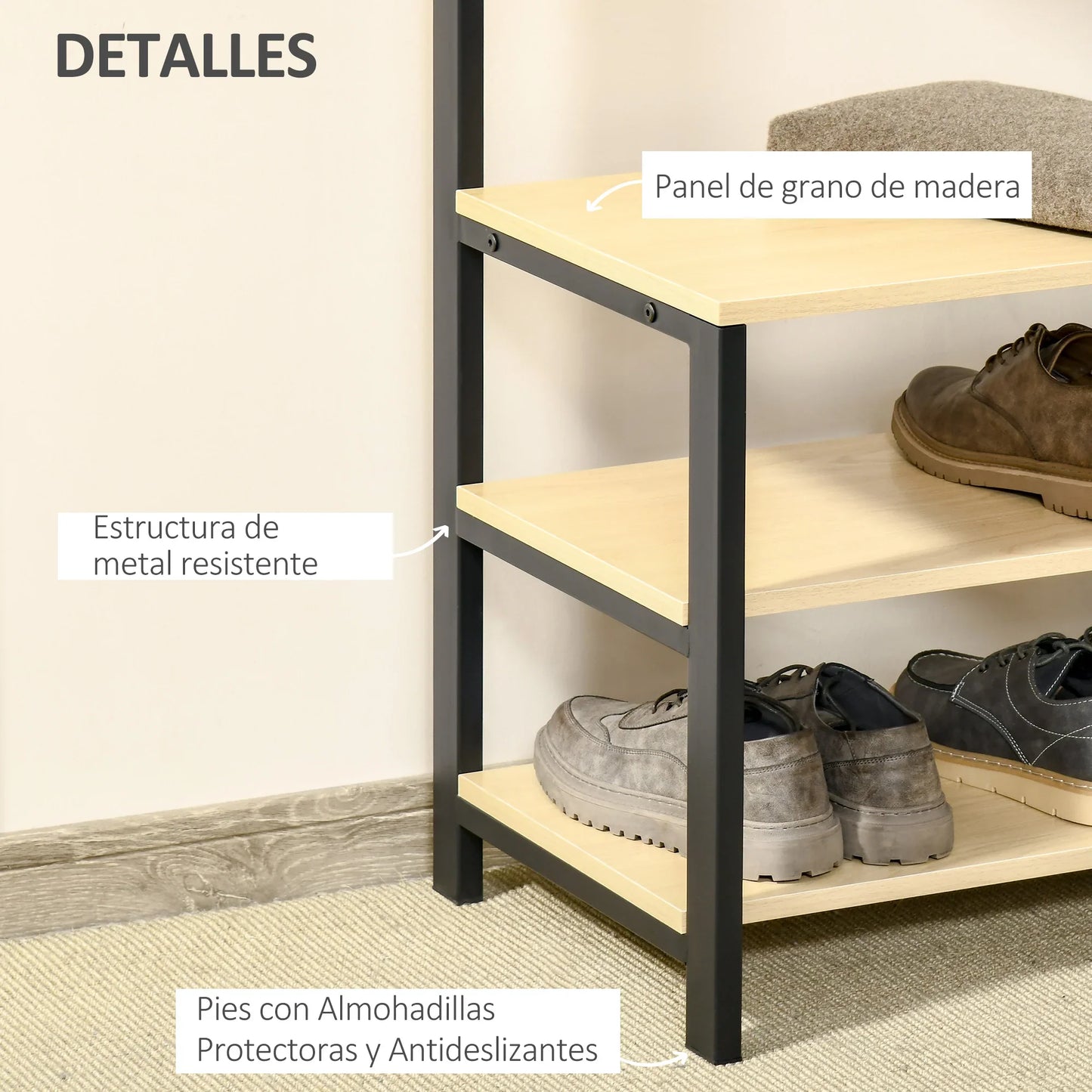 HOMCOM Garderobenständer mit Bank und Metall Schuhregal mit 3 Regalen und 4 Haken zum Aufhängen von Kleidung für Flur/Diele 60x40x175 cm Schwarz und Natur