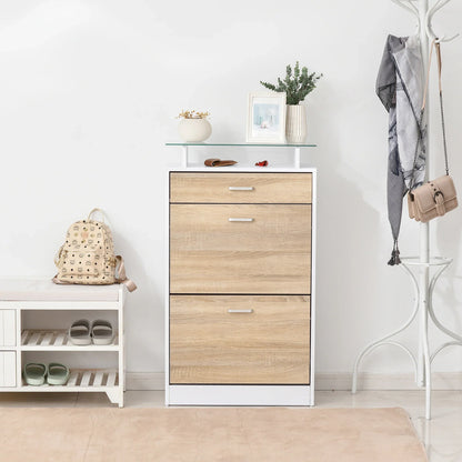 HOMCOM Schuhschrank mit 3 Schubladen, Glasregal und Aluminiumgriff für Flur, 50 kg Belastbarkeit, 60x24x105,5 cm - Natur