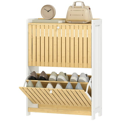 HOMCOM Schmaler Schuhschrank mit 2 Bambustüren und verstellbaren Regalen für 12 Paar Schuhe 60x24x82,5 cm Weiß und Natur