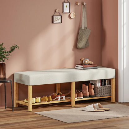HOMCOM Schuhbank — Moderner Flurbank mit gepolstertem Sitz für 2, offene Schuhablage, Gummibaumholz, für Flur, Diele, Wohnzimmer, 140 x 44 x 48 cm, Creme & Naturholz