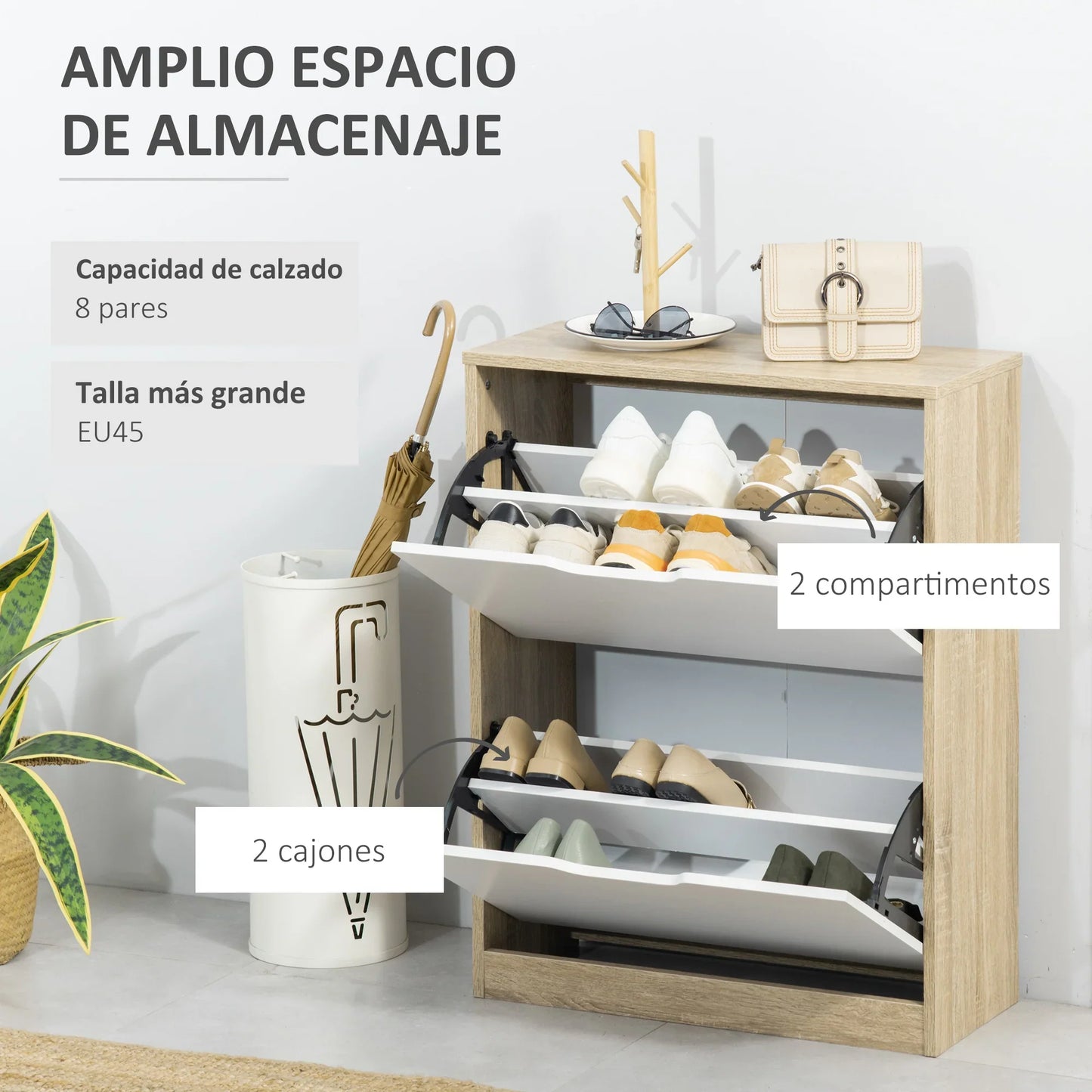 HOMCOM Schuhschrank aus Holz mit 2 Klapptüren und 4 Ablagefächern für 8 Paar Schuhe für Flur, Diele, Schlafzimmer 62,5x26x81 cm Weiß und Natur