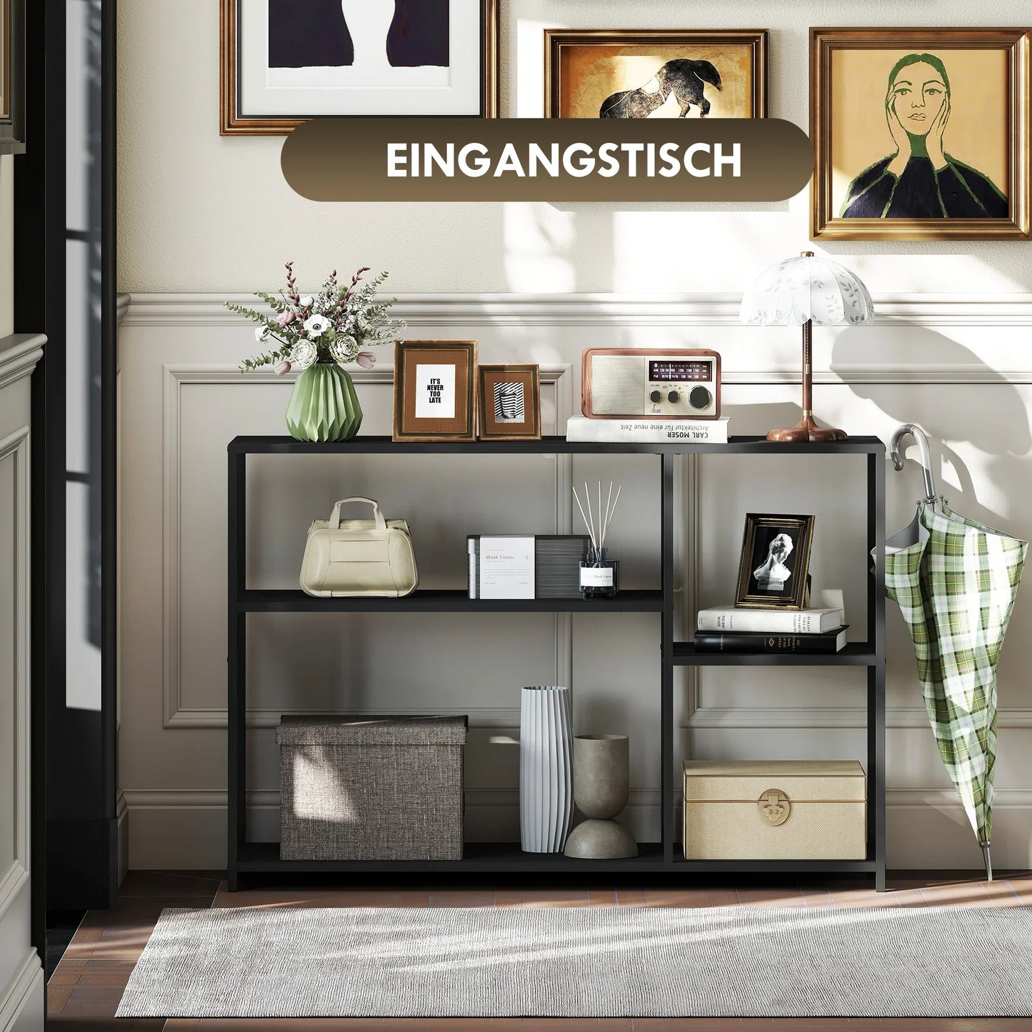 HOMCOM Konsolentisch Flurtisch mit 4 Regalen, Seitentisch mit Stahlrahmen, Metallregal für kleine Räume, Eingangsbereich, Flur, Wohnzimmer, 110 x 30 x 75 cm Schwarz