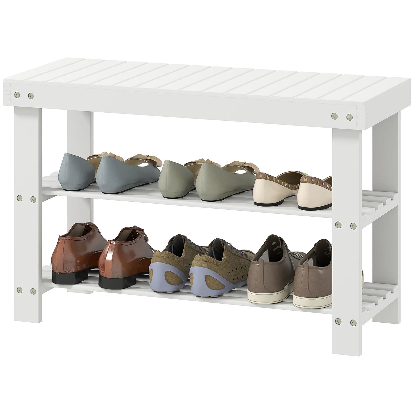HOMCOM Bambus Schuhbank mit Sitz Schuhregal 3-stufiger Schuhorganizer für 6 Paar Schuhe für Flur Wohnzimmer Schlafzimmer 70x28x45 cm Weiß