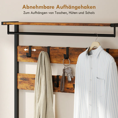 HOMCOM 5‑in‑1 Garderobenbaum mit Sitzbank & Organizer, Industrie-Stahlgestell, Rustikalbraun