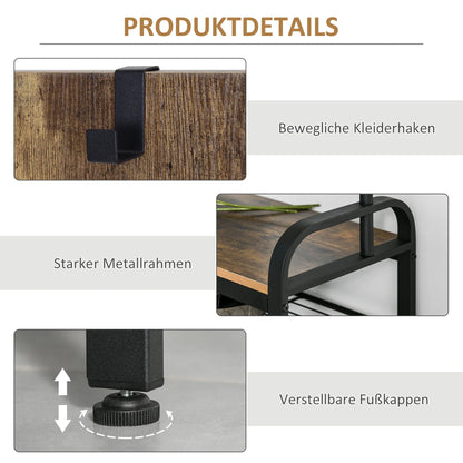 HOMCOM Kleiderständer Schuhregal mit 8 Haken und 2 Ablagen MDF Schwarz 72,8 x 34 x 182 cm