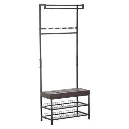 HOMCOM Kleiderständer mit 5 Haken und Schuhbank mit 2 Ebenen, Metallkleiderständer für Flur, Schlafzimmer, 72,5 x 35 x 180 cm