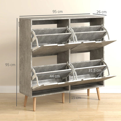HOMCOM Schuhschrank für den Eingangsbereich mit 4 Klapptüren auf 2 Ebenen für 16 Paar Schuhe, platzsparender Schuhschrank mit verstellbaren Regalen aus Spanplatte und Kiefernholz, 95x26x95 cm, Grau