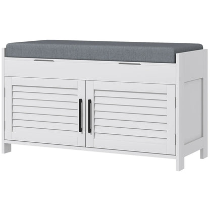 HOMCOM Schuhbank mit verstellbarem Innenregal in 3 Höhen, schlanke Schuhbank aus MDF mit Leinenbezug, 90x36x50 cm, Weiß und Grau
