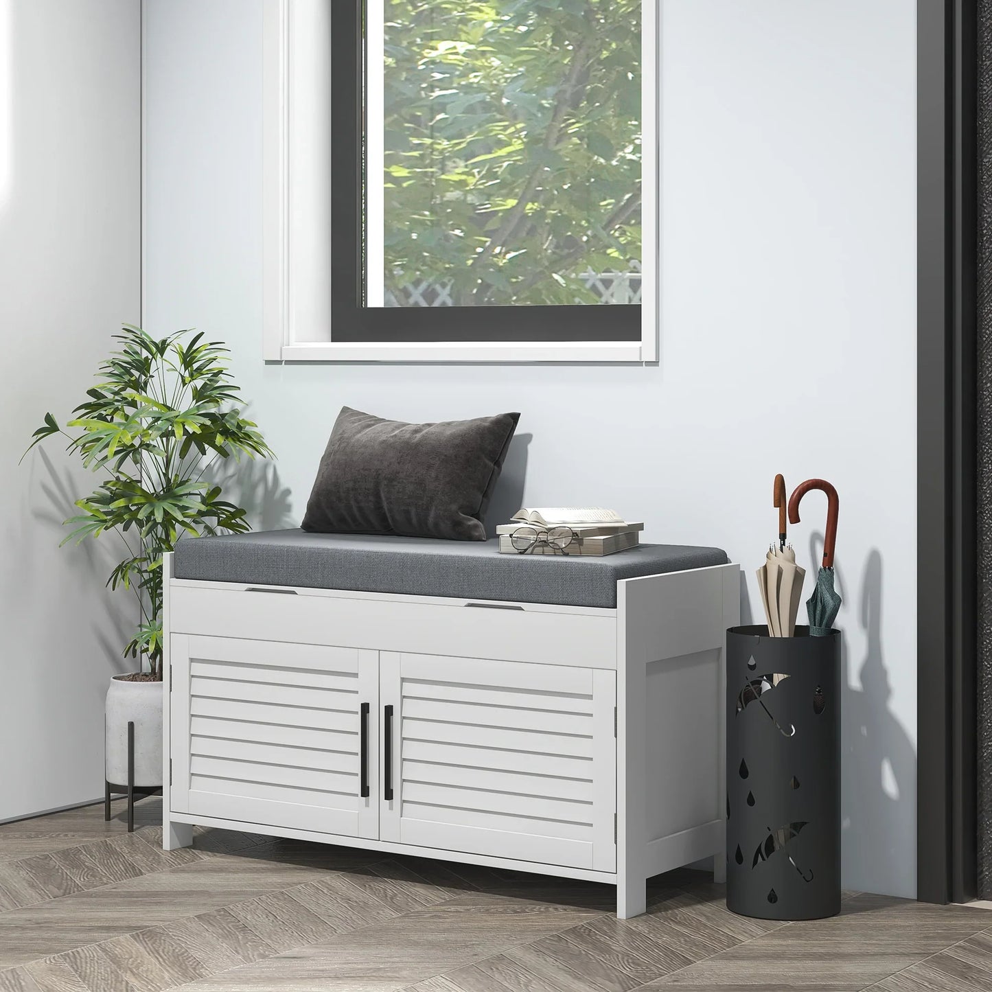 HOMCOM Schuhbank mit verstellbarem Innenregal in 3 Höhen, schlanke Schuhbank aus MDF mit Leinenbezug, 90x36x50 cm, Weiß und Grau