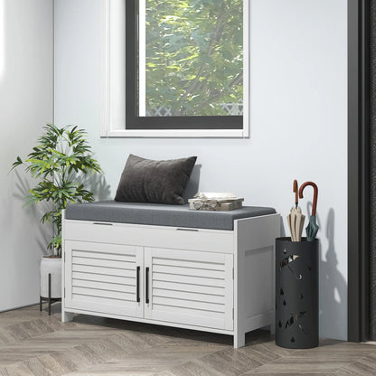 HOMCOM Schuhbank mit verstellbarem Innenregal in 3 Höhen, schlanke Schuhbank aus MDF mit Leinenbezug, 90x36x50 cm, Weiß und Grau