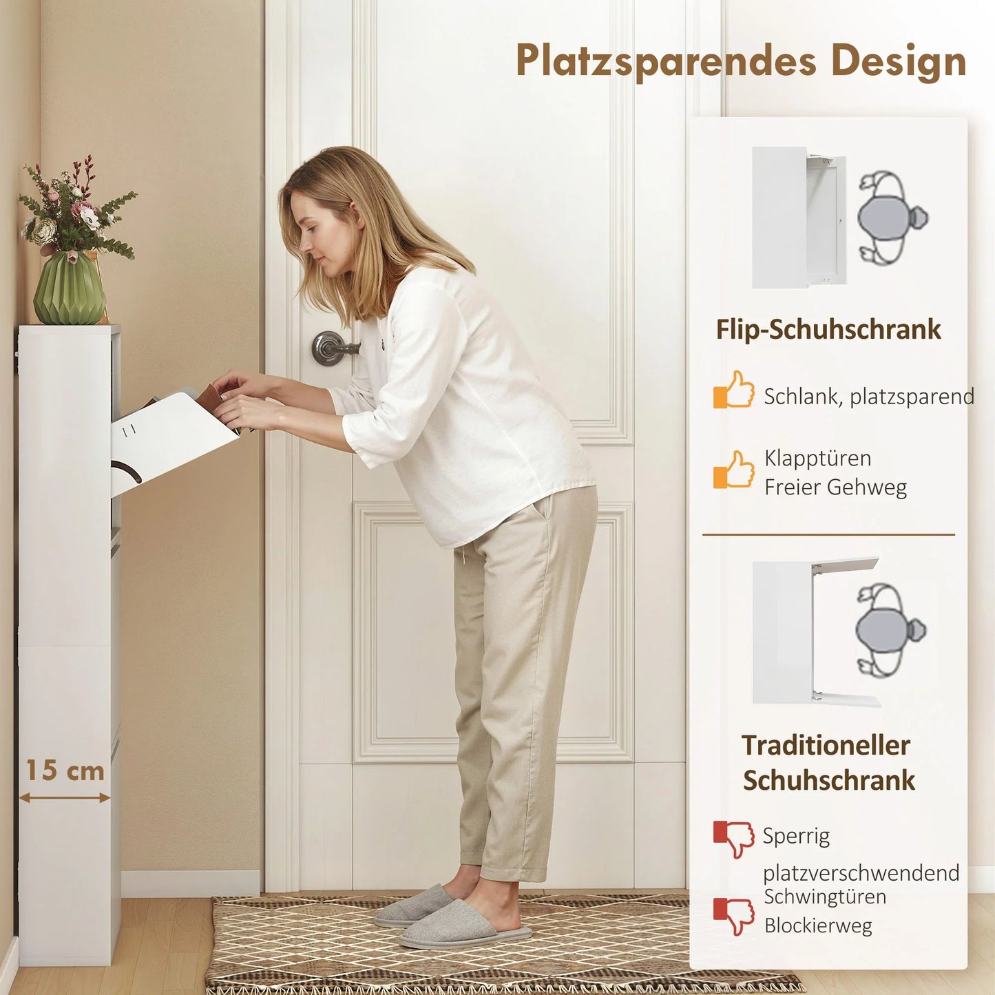 HOMCOM Metall-Schuhschrank mit 3 Klappen — schlanker wandmontierter Schuhschrank für 6 Paar, 55 x 15 x 105,5 cm, Weiß
