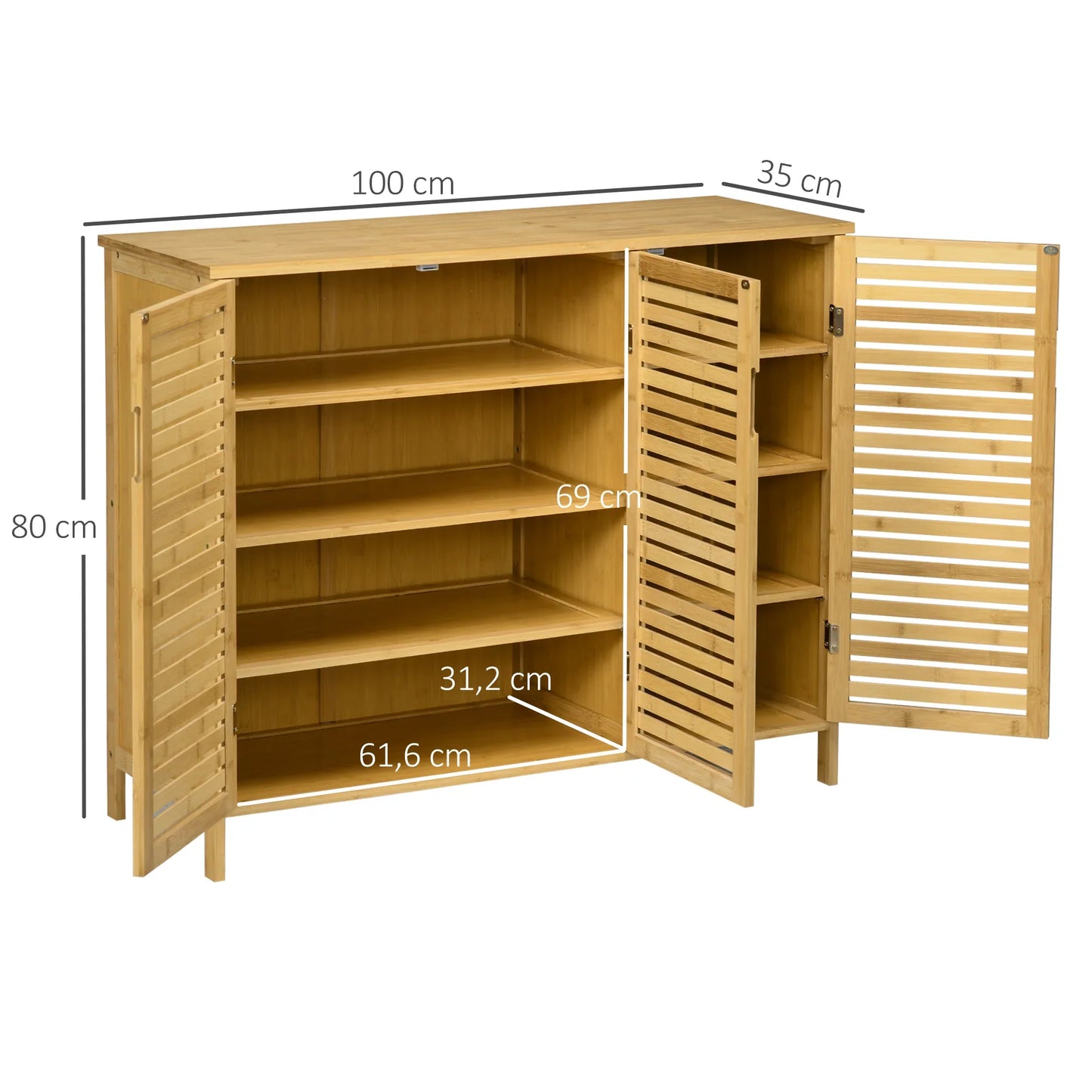 HOMCOM Schuhschrank aus Bambus für den Eingangsbereich mit 3 Lamellentüren und verstellbaren Regalen für 16 Paare von Schuhen, 100x35x80 cm Natur