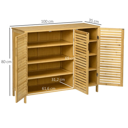 HOMCOM Schuhschrank aus Bambus für den Eingangsbereich mit 3 Lamellentüren und verstellbaren Regalen für 16 Paare von Schuhen, 100x35x80 cm Natur