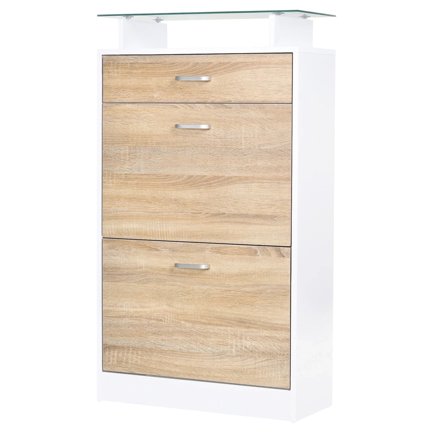HOMCOM Schuhschrank mit 3 Schubladen, Glasregal und Aluminiumgriff für Flur, 50 kg Belastbarkeit, 60x24x105,5 cm - Natur