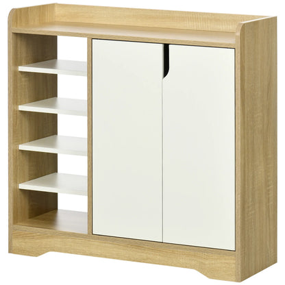 HOMCOM Moderner Schuhschrank Schmaler Schuhregal mit 2 Türen Stauraum für 13 Paar Schuhe Flur & Diele 80x30x80 cm Natur und Weiß