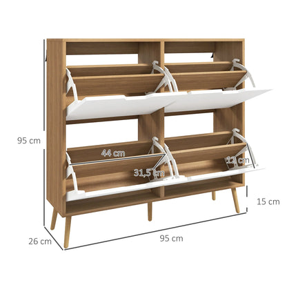 HOMCOM Schuhschrank mit 4 Klappen und verstellbaren Regalen, Schuhaufbewahrungsschrank für 16 Paar Schuhe, schmaler Schuhregal für den Eingangsbereich 95x26x95 cm Naturholz