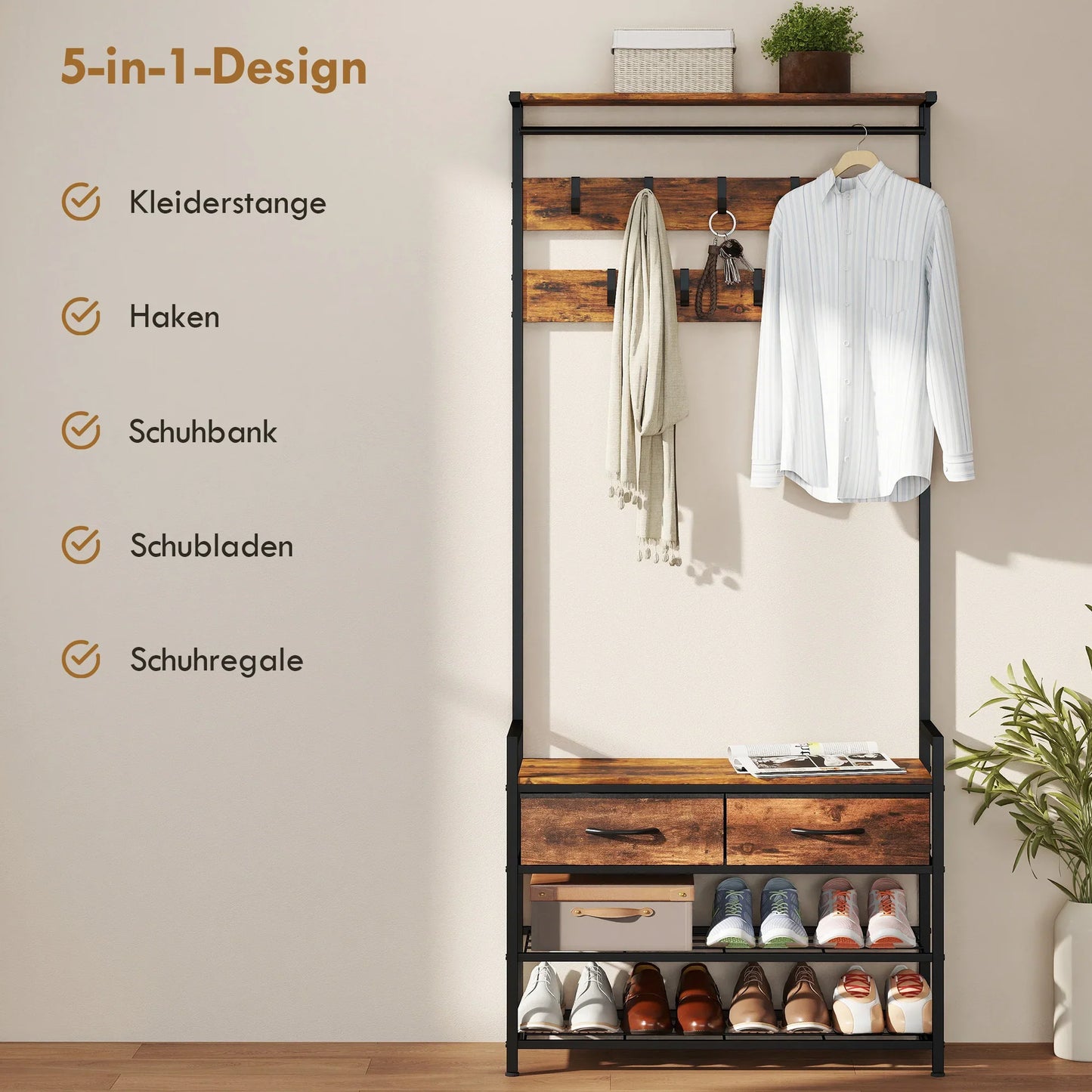 HOMCOM 5‑in‑1 Garderobenbaum mit Sitzbank & Organizer, Industrie-Stahlgestell, Rustikalbraun