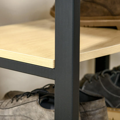 HOMCOM Garderobenständer mit Bank und Metall Schuhregal mit 3 Regalen und 4 Haken zum Aufhängen von Kleidung für Flur/Diele 60x40x175 cm Schwarz und Natur