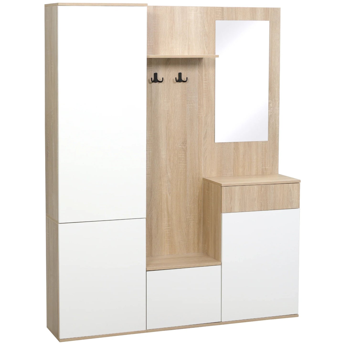 HOMCOM 4-in-1 Garderobenständer mit Spiegel, Haken und verstellbaren Regalen, multifunktionales Möbelstück für den Eingangsbereich aus Holz mit Schublade, 145x29x184 cm, Naturholz und Weiß