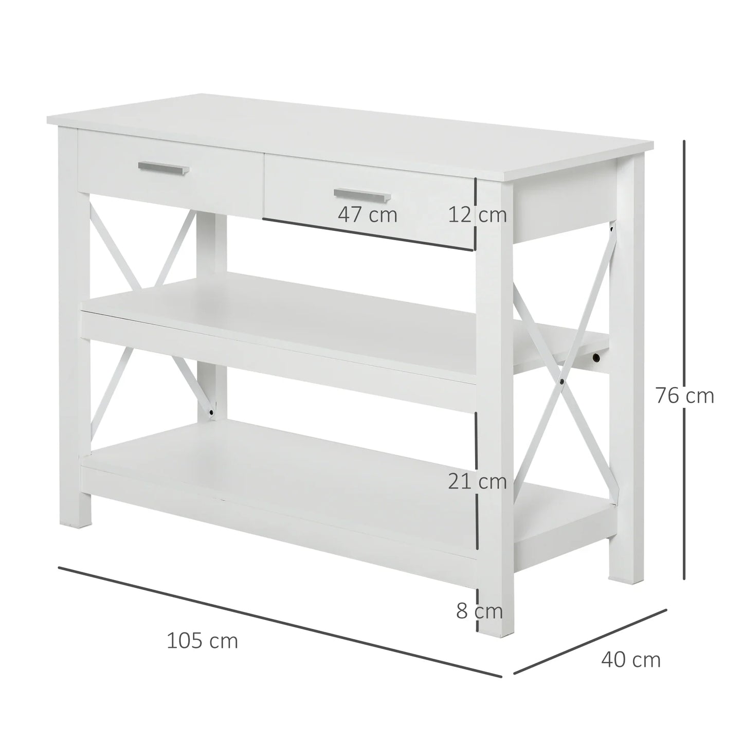 HOMCOM Konsolentisch Flurtisch mit 2 Schubladen und unteren Regalen Moderner Stil Metallrahmen 105x40x76 cm Weiß